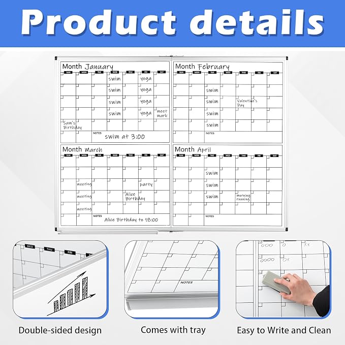 Large 48" x 36" Magnetic 4 Month Dry Erase Calendar White Board Foldable Whiteboard Calendar for Wall Mounted 2 in 1 Double Side Whiteboard with Dry Erase Board for Wall Office Home