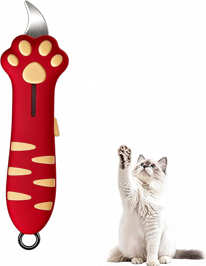 Cat Paw Box Cutter, Retractable Mini Utility Knife with Safety Lock Red | Mini Utility Knife with Ergonomic Paw Handle, Stainless Steel Blade for Opening Packages, Cardboard, Cartons & Tape
