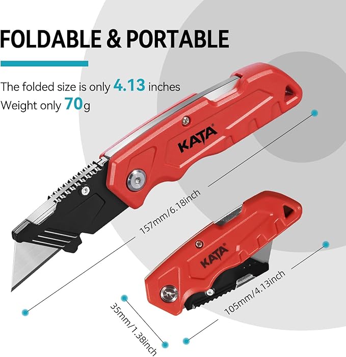 KATA Box Cutter, 2-Pack Tough Folding Utility Knife for Heavy Duty Purpose, Extra 10Pcs Razor Sharp Blades, Comfortable Handle, Gifts for Cutting Drywall, Sheet Plastic, Linoleum, Boxes, Carton, Rope