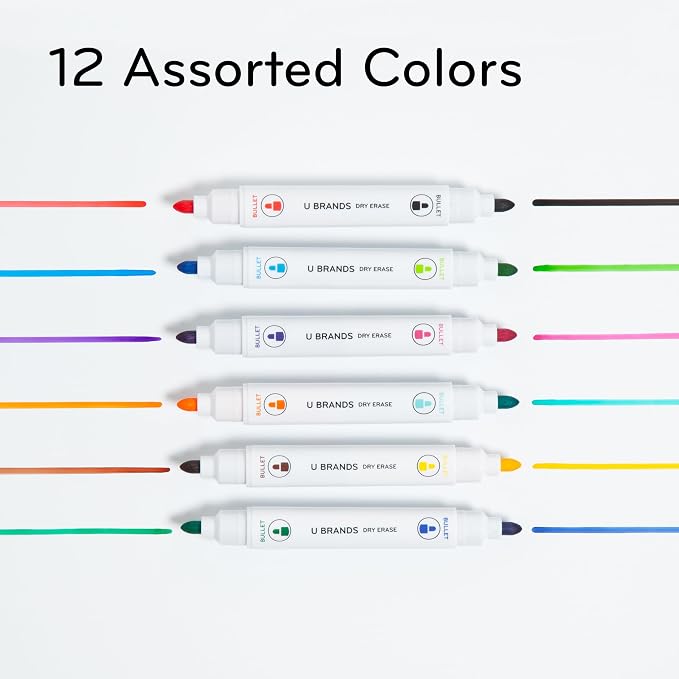 U Brands Dry Erase Markers, Double Ended Whiteboard Markers, Medium Bullet Tip, Low Odor, Assorted Bright Colors, Dry Erase Marker Set with Eraser Caps, Office School Classroom Supplies, 6 Pack