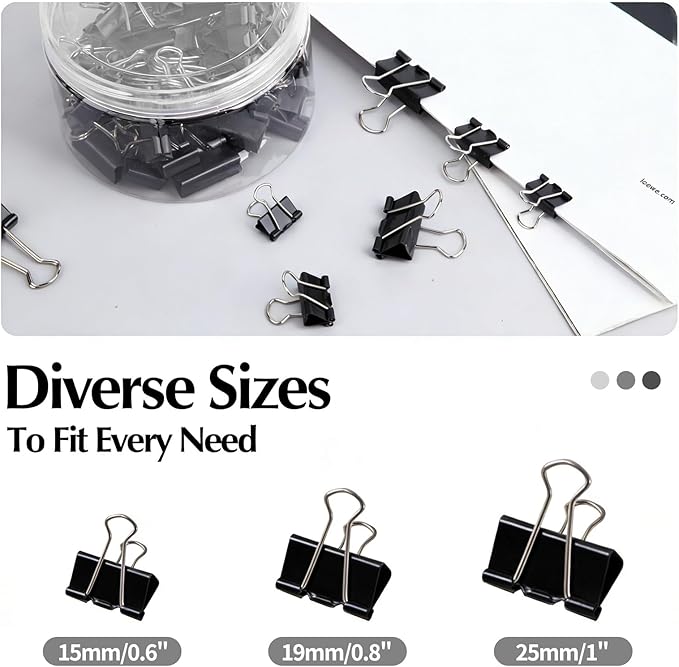 Binder Clips Assorted Sizes, Durable Metal Binder Clips for Office, Cute Desk Supplies for Teachers Student (60, Black)