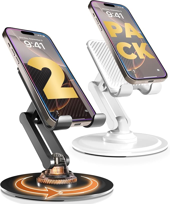 COOPER 360° Stand Rotating Cell Phone Stand for Desk, Desktop Phone Holder | 360° Click Rotating, Adjustable, Foldable, Portable, Metal Base, Cell Phone Holder for Desk; Fits all Samsung, Android Phones