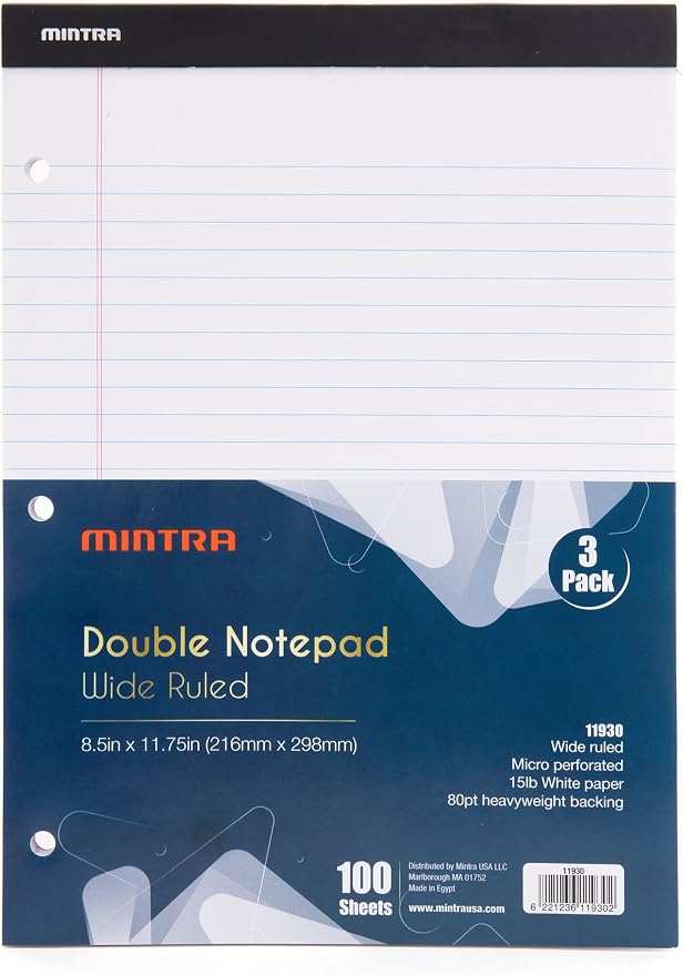 Mintra Office White Legal Pads – Ruled Notepads and Micro-Perforated Sheets, Ideal for Writing, Note-Taking & Creativity, Office, or Professional Use, Double Pad 3 pack, 8.5"x11" (Wide Ruled)