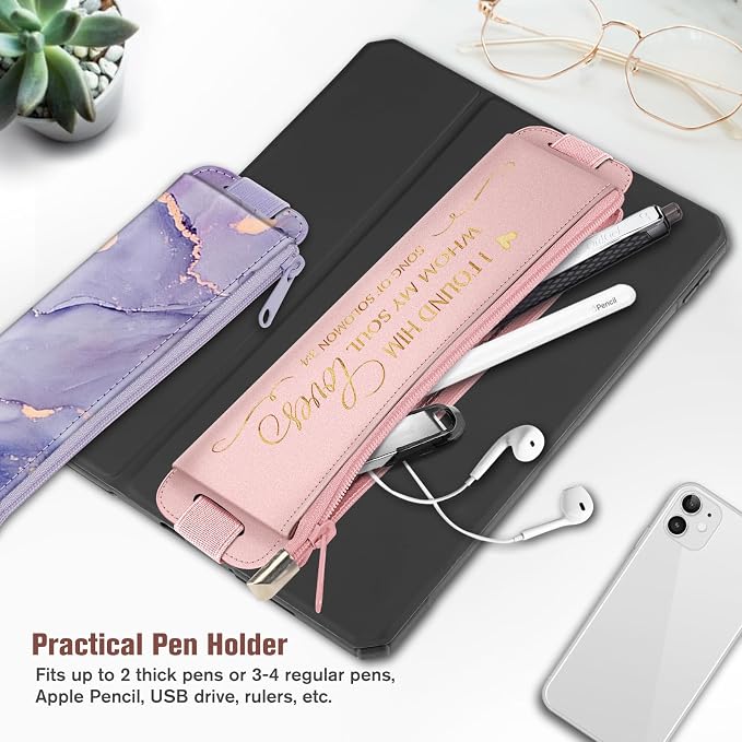 FINPAC 2-Pack Elastic Pen Holder for Notebook Leather Pen Holder | Stationery Zipper Bag for Pencils, Pen Pouch with Elastic Band for Bible Journaling, Planners, Tablets, Lilac Marble