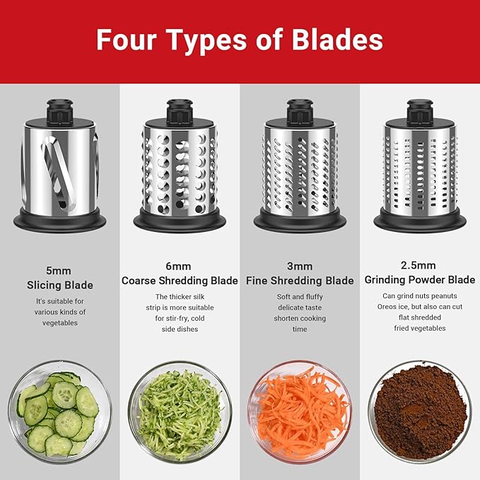 Stainless Steel Slicer Shredder Attachment for KitchenAid Stand Mixers, For KitchenAid Cheese Grater Attachment, Salad Maker, Grinding Powder, Dishwasher Safe with 4 Blades