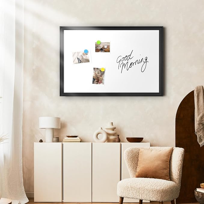 White Board for Wall, 36'' x 24'' Magnetic Dry Erase Board, Black | Wooden Frame, Decorative Whiteboard, Wall Mounted, for Home, Office, Kitchen, Dorm, 4 Markers, 6 Magnets, A Eraser