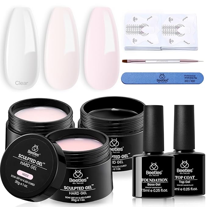 Beetles Builder Gel for Nails-3 Colors 9 in 1 Nail Extension Sculpting Building,Clear Nude Pink Hard Gel Kit with Base Top Coat for Pros Women,UV & LED Lamp Cured Needed