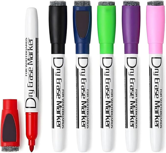 Volcanics Magnetic Dry Erase Markers, Fine Tip, 6 Colors, 6 Pack | Whiteboard Markers with Eraser Cap, Low Odor Dry Erase Pens, Magnetic Markers for Whiteboards, Calendars, Refrigerators