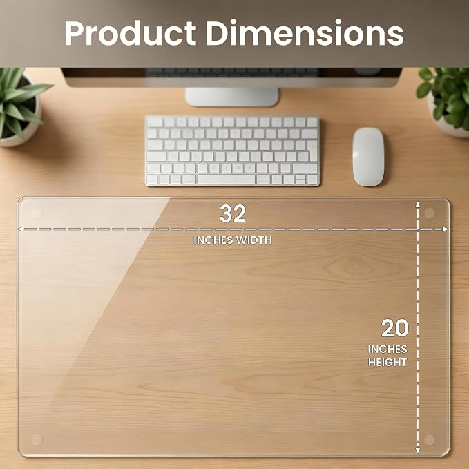 Tempered Glass Desk Pad 32" x 20" - Clear Non-Slip Office Desk Mat for Keyboard & Monitor, Easy to Clean Glass Writing Pad for Home & Work