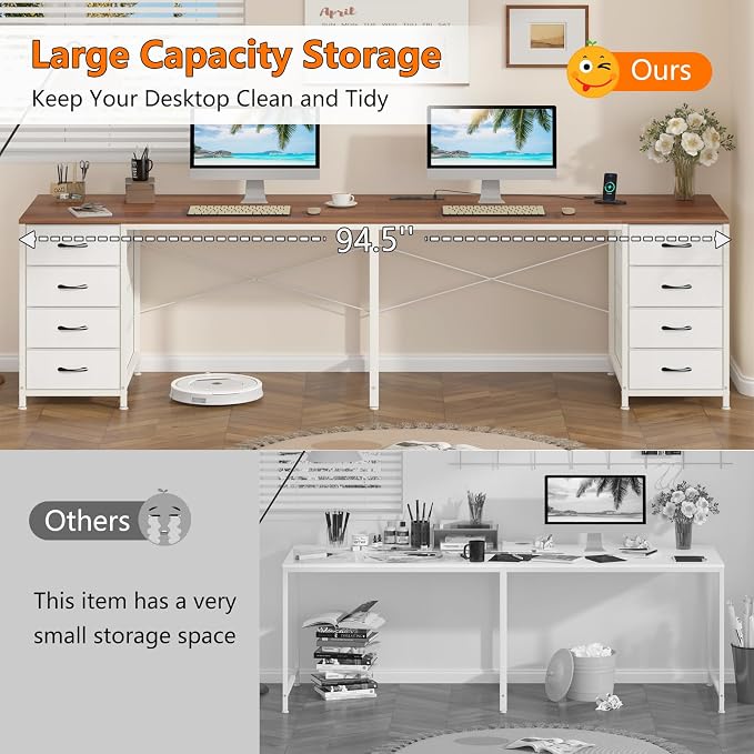 95" 2 Person Desk with 8 Fabric Drawers for Home Office, Living Room | Long Computer Desk Office Desks with Storage, Two Person Double Desks with Power Outlets, Brown and White