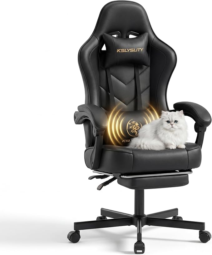 Desk Computer Gaming Chair - High Back Ergonomic Office Chair with Footrest and Lumbar Support, Swivel Comfy Home Gamer Video Game Chairs with Pocket Spring Cushion for Adults (Black Leather)