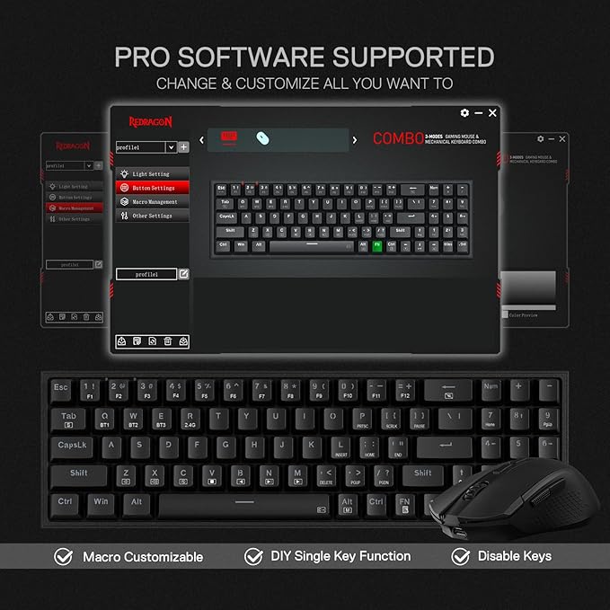 Redragon S136 Gaming Keyboard & Mouse Combo, 75% K628 Tri-Mode Wireless RGB Mechanical Keyboard and 7200 DPI Wireless Gaming Mouse Bundle, Convenient Shared Dongle