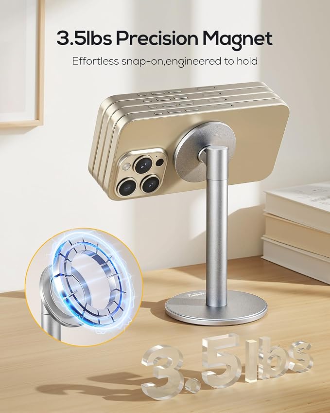 Nulaxy Magnetic Full Aluminum Cell Phone Stand with 360 Rotating, Silver | Stable Base, Includes Metal Ring, Works with Thick Cases, Hands-Free, Office Accessories, Compatible with All Phones