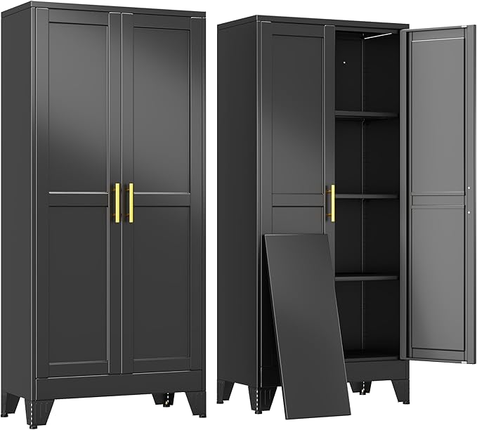erosoei 61" H Metal Garage Storage Cabinet, Black Metal Pantry Cabinet with 3 Doors, Locker Steel Cabinet with 3 Adjustable Shelves, Freestanding Cupboard for Garage,Office,Home,Gym,School