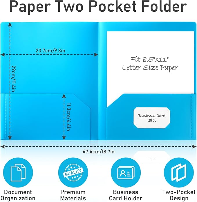 Timart Plastic Folders with Pockets, 2 Pocket Folders- 6 Pack | Fit Letter Size Paper, Business Card Slots, Colored Folders for School Office Home