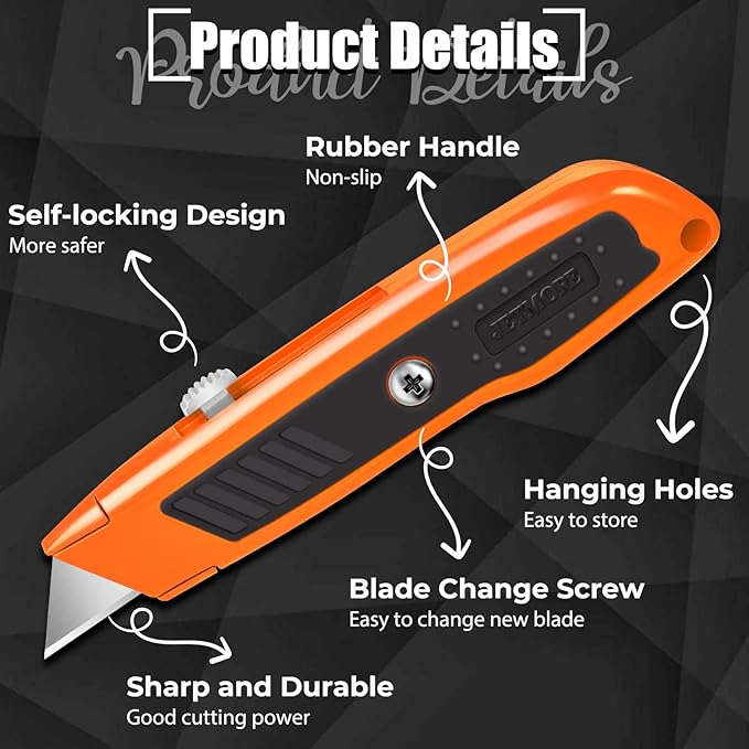 2 Pack Retractable Box Cutter, Heavy Duty Utility Knife with 10 SK5 Blades and Safety Lock, Portable Razor Knife for Home and Office