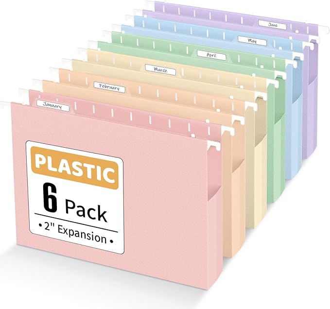 Sooez Extra Capacity Plastic Hanging File Folders, 6 Count Expanding File Folders Letter Size with 2" Expansion, File Organizer with 1/6-Cut Adjustable Tab for File Cabinet, Drawer, Pastels Colors