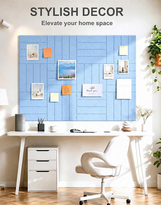 0.47" Thick Felt Wall Tiles 36"x24" Cork Board Alternative 6 Pack 11.81"x11.81"Felt Bulletin Board Pin Board with Removable Adhesive Tape&30 Pushpins for Home Office School(Bold-Light Blue)