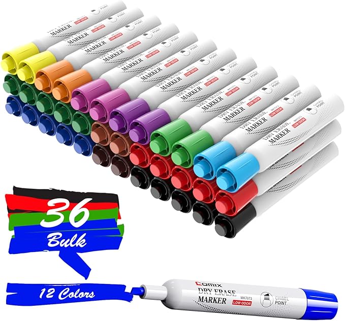 Comix Dry Erase Markers, Chisel Tip Whiteboard Markers, 36 Bulk 12 Assorted Color Low Odor Markers for Classroom, Teachers, Office, School Supplies