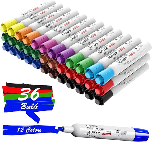 Comix Dry Erase Markers, Chisel Tip Whiteboard Markers, 36 Bulk 12 Assorted Color Low Odor Markers for Classroom, Teachers, Office, School Supplies
