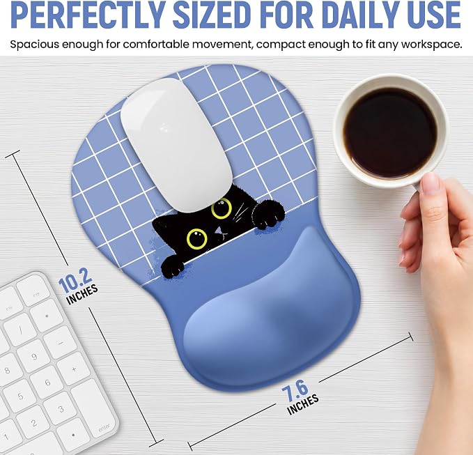 Ergonomic Mouse Pad with Wrist Rest, Gel Wrist Support, Blue Cat | 10.2 x 7.6 in Mouse Pad with Smooth Fabric Surface and Non-Slip Rubber Base for Office, Home, Study, and Gaming