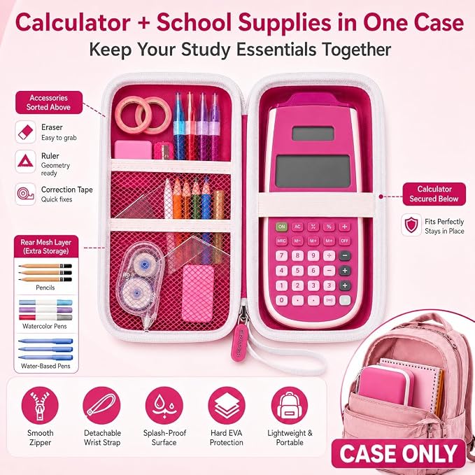 Pink Calculator Case for TI-30XS/TI-30XIIS/TI-30Xa/TI-36X Pro | Hard EVA Shell, Two-Layer Mesh Pockets, Elastic Holder, Wrist Strap, 7.48 x 3.23 x 1.18 in, School Exam Carry