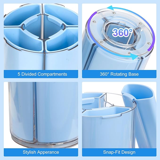 Comix Pen Holder for Desk, 360° Rotating Pencil Holder with 5 Slots, Cute Blue Plastic Desk Organizer for Home School Office Supplies