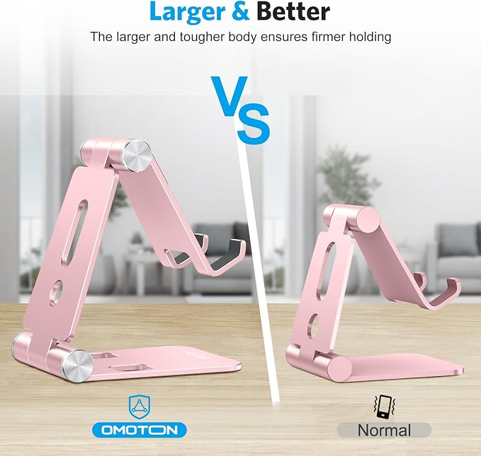 OMOTON Foldable Cell Phone Stand, C4 Portable Aluminum Phone Holder | Adjustable Phone Dock Cradle Compatible with iPhone 17/16/15/14 Pro Max, Samsung Galaxy, Small Tablets, All Phones, Rose Gold