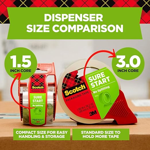Scotch Sure Start Packing Tape, Clear, Quiet Unwind and Easy Start, Moving Supplies, 1.88 inch x 22.2 Yard, 2 Tape Rolls with Dispensers