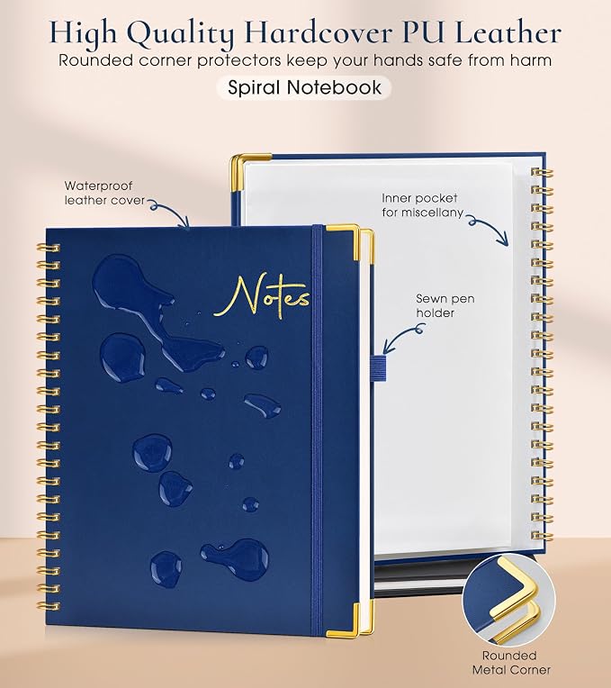 Blank Spiral Notebook Journal 8.5” x 11”, A4 Large Hardcover Sketch Book for Women Men, 100 GSM Blank Paper Drawing Notebook, Spiral Bound Sketchbook for Sketching School Work Note Taking, Navy