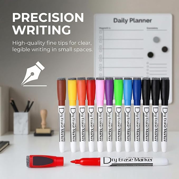 Volcanics Magnetic Dry Wipe Pens Dry Erase Markers With Eraser Cap Low Odor Fine Tip Whiteboard Pens Pack of 12,10 Colors