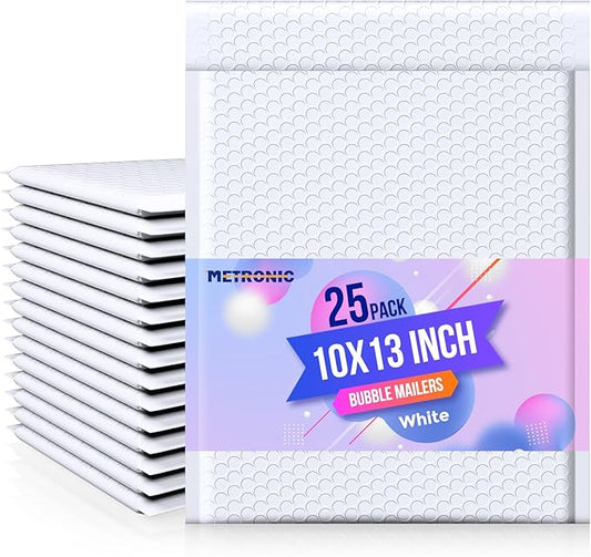 Metronic Bubble Mailer 10x13" White 25 Pack, Poly Padded Envelopes Waterproof Shipping Bags for Clothing, Self Seal Cushioning Mailers for Shipping Books, Jewelry, Makeup Supplies