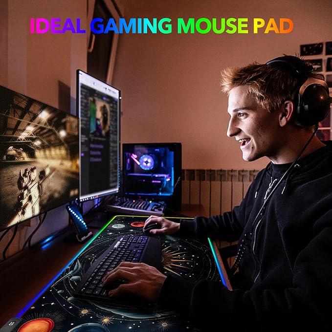 AIMSA RGB Mouse Pad LED Gaming Mouse Pad with 14 Lights Modes, Non-Slip Rubber Base Computer Carpet Desk Mat for PC Laptop (35.4 x 15.8 inch) Abstract Solar System