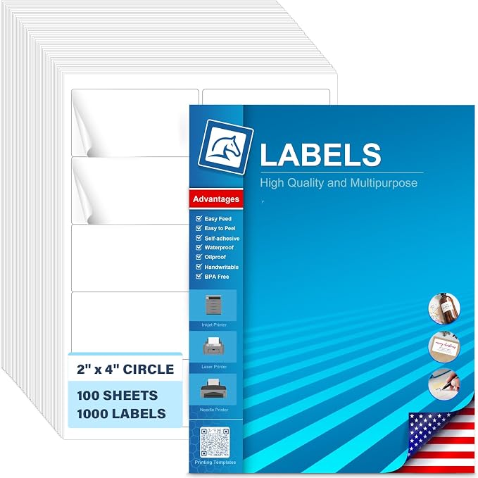 2" x 4" Shipping Labels - 1000 Adhesive Address Labels for Laser/Inkjet Printer, Barcode, Mailing, Product, Shipping Boxes, Packaging & FBA Labels, Customizable Stickers (100 Sheets)