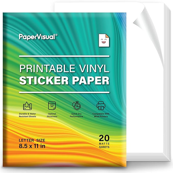Premium Printable Vinyl Sticker Paper for Inkjet and Laser Printer - 20 White Matte Sticker Paper Waterproof - Excellent Adhesion Paper 8.5 x 11, Fast Dry, Holds Ink Well, Great for Cutting Machines