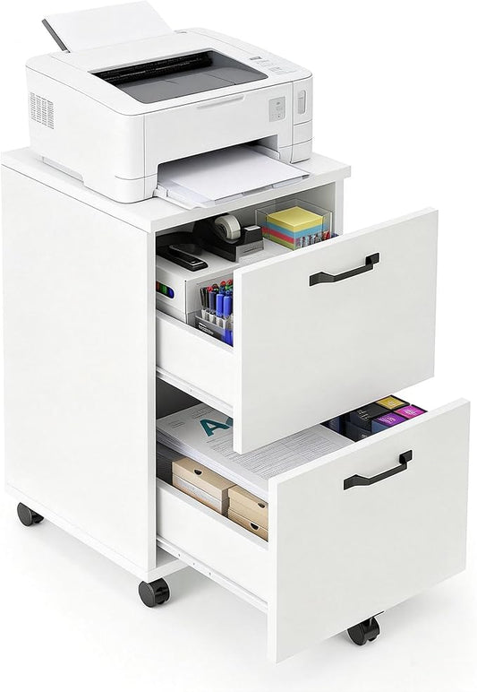 2 Drawer Filing Cabinet, Wood Rolling Filing Cabinets with Printer Stand, Under Desk Storage Lockable Wheels, Home Office Organizer for A4 Letter Legal Size Documents,White