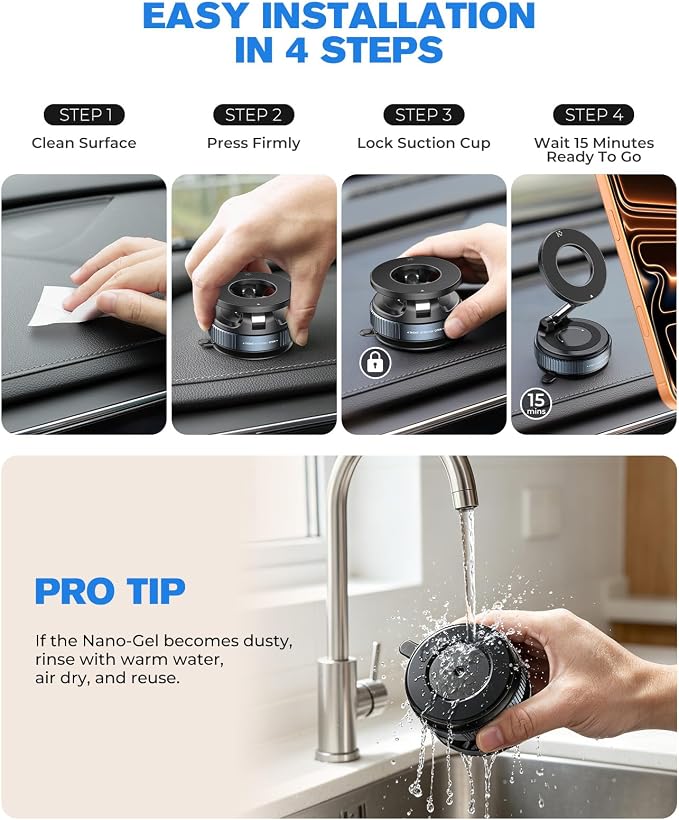 Jononser Magnetic Car Phone Holder for MagSafe, Nano-Gel Suction Cup Car Phone Mount for Car Dashboard & Windshield, Pocket-Size Foldable 360° Adjustable Car Mount for iPhone 17 16 15 14 13 12 Series