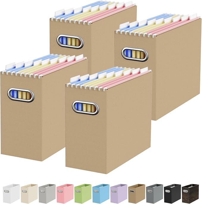 Portable Collapsible Cardboard File Box with Handle for Letter-Size | 4-Pack. Stainless Steel Handle. Label Stickers Included. Fits Letter Folders (Not Included). Home, Office, School, Dorm, Tax.
