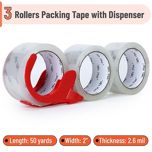 Mr. Pen- 3 Rolls Packing Tape with Dispenser, 2” Wide, 50 Yards, Clear Packing Tape Heavy Duty for Mailing, Moving Boxes and Packaging