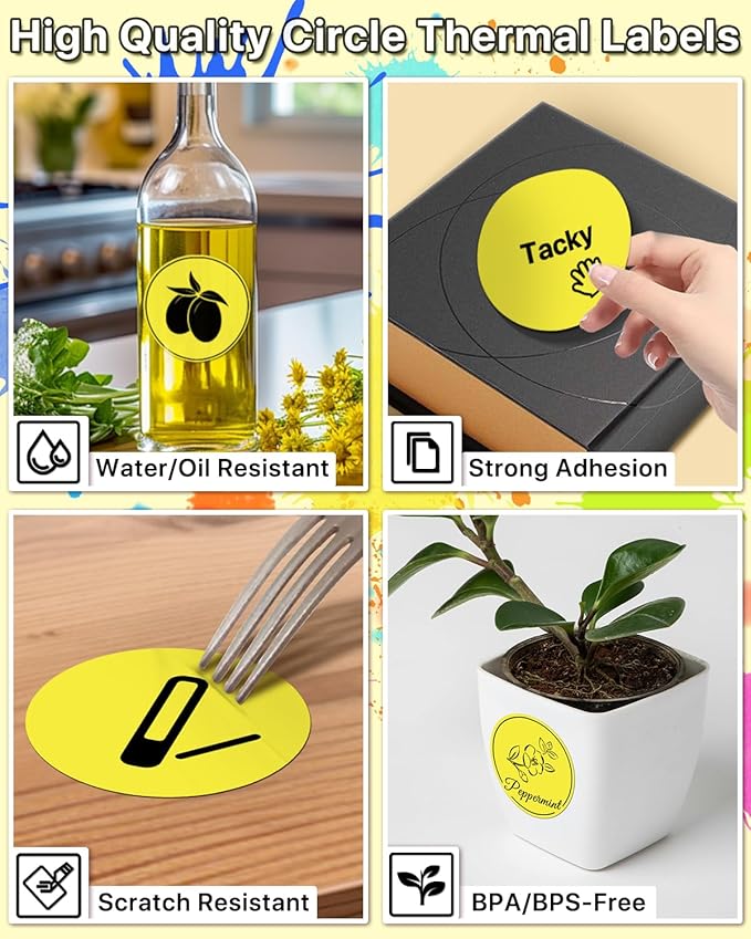 3 Inch (76.2mm x 76.2mm) Round Thermal Printer Label Stickers Self-Adhesive Circle Convenient Multi-Purpose Blank 3" Sticker Roll for Family Classification, Gift Sealing, Yellow (500Pcs)