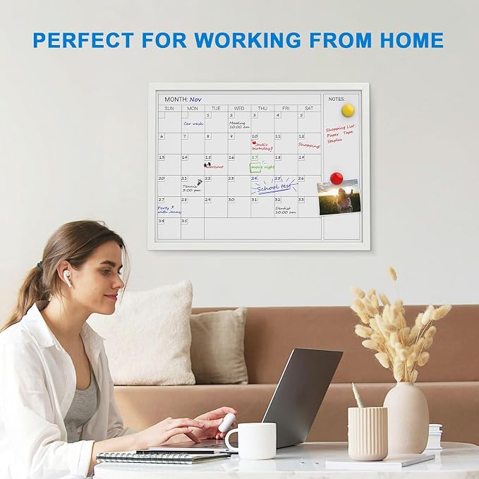 Comix Magnetic Monthly Calendar Whiteboard, 24 x 18 Inches White Wooden | Modern white wood frame magnetic monthly calendar whiteboard, decorative wall planner for home, kitchen, school and office