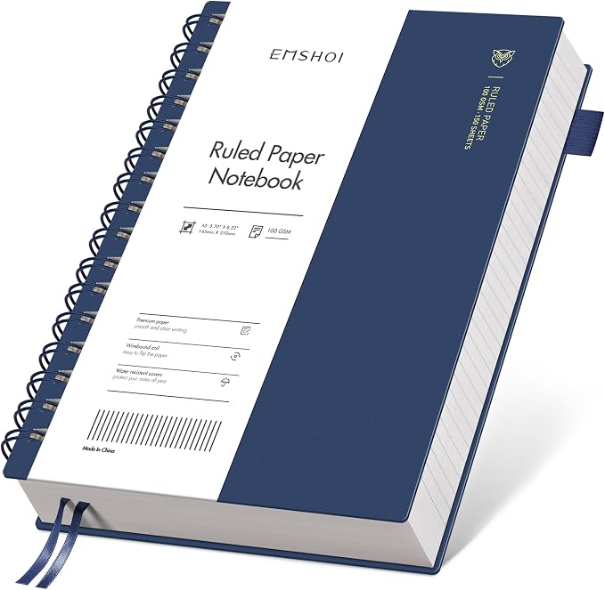 EMSHOI Lined Spiral Journal Notebook, 300 Pages, A5 Size (5.7'' x 8.2'') | College Ruled, 100 GSM Thick Paper, Flexible Plastic Cover, for School, Writing, Work, Office & Journaling (Navy Blue)
