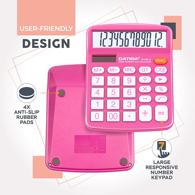 CATIGA Desktop Calculator, 12 Digit Large LCD Display, Dual Power, Sensitive Big Button, Standard Function Calculators for Office, School and Business, CD-2786 2 Pack, Blue & Pink