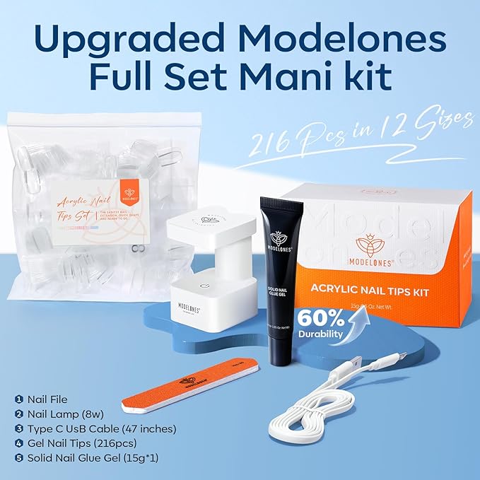 modelones X Nail Gel Kit Kit Short Almond, Solid Nail Glue Gel with Portable U V Lamp 216Pcs 12Sizes Pre-Etched Press ons Fake Acrylic Extension Kit DIY Salon Gift for Women