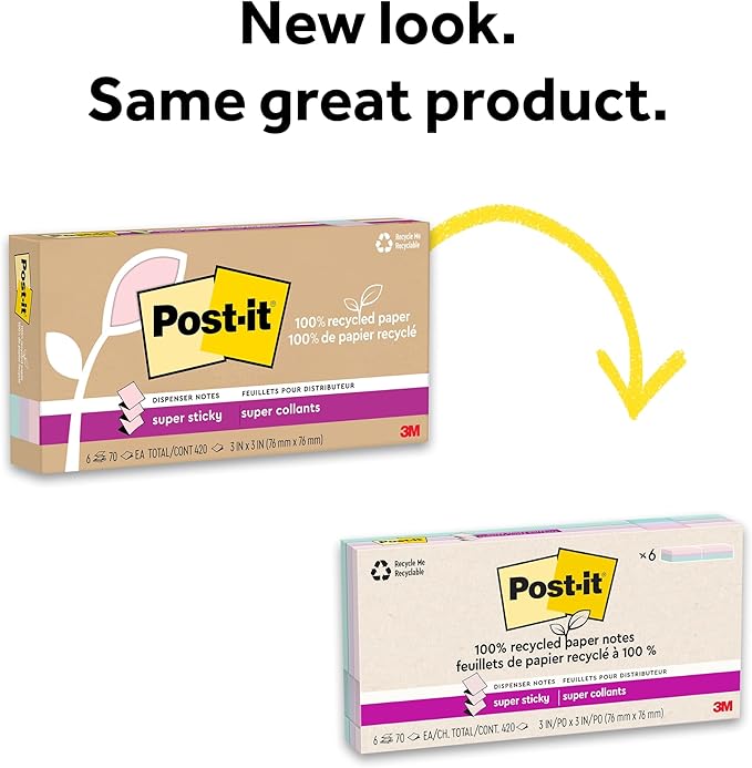 Post-it Super Sticky 100% Recycled Pop-up Notes, 3 in. x 3 in., 70 Sheets, 6 Pads, Wanderlust Collection, New Year Organization or Second Semester School Supplies