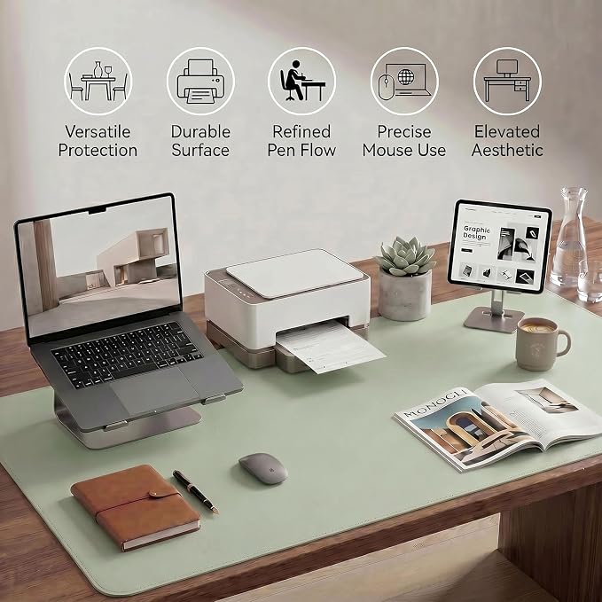 Large Desk Pad Non-Slip Desk Mat Protector for Keyboard Mouse Waterproof Vegan Leather Surface Faux Leather Laptop Mat Smooth Mouse Pad Premium Gift Tube Matcha Green 35" x 17"