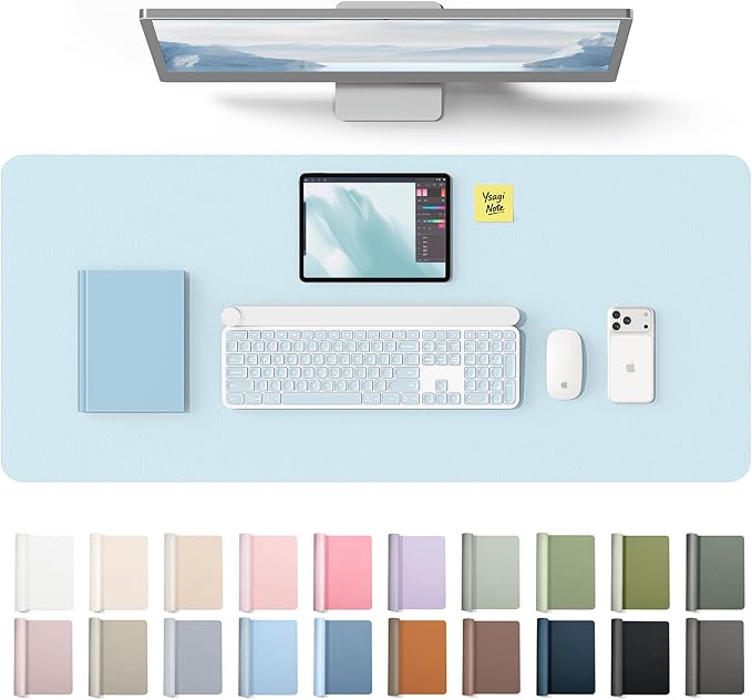 YSAGi Leather Desk Protector, Office Mat, Large Mouse Mat, Non-Slip PU Leather Blotter, Laptop Desk Mat, Waterproof Writing Pad for Office and Home(Baby Blue, 42" x 17.2")