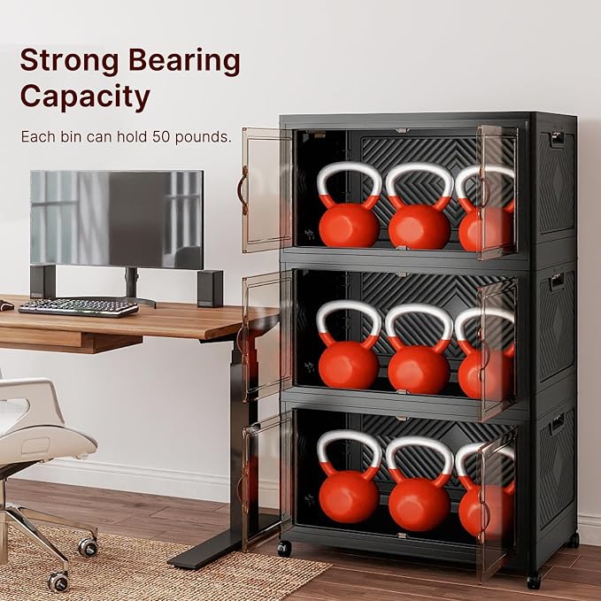 Stackable Storage Bins with Lids,1080QT Lockable Storage Cabinet | Folding Storage Box with Doors and Wheels, Collapsible Plastic Drawers for Home, Garage, Office