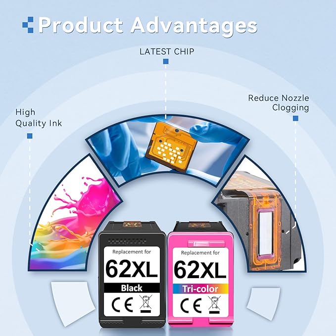62XL Ink Cartridges Black and Color Compatible for HP 62XL Ink Cartridge Combo Pack for HP Ink 62 Fit for Envy 7640 5660 7645 5540 5640 OfficeJet 5746 5740 5745 5741 8040 250 200 Printer