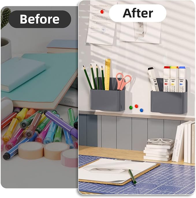 Mabrasse 2p Magnetic Dry Erase Marker Holder,Pen and Eraser Holder for Whiteboard, Magnet Pencil Cup Utility Storage Organizer for Office, Refrigerator, Locker and Metal Cabinets（Grey）